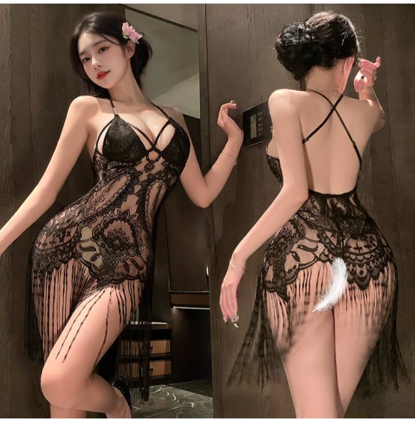 FEE ET MOI - Midnight Cha-Cha Sheer Fringe Nightdress (Black)